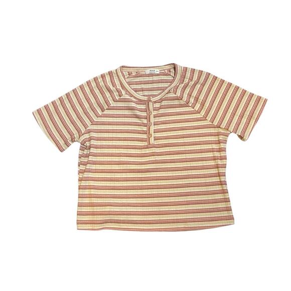 Ardene Striped Ribbed Button Henley Crop Top T-Shirt Size XL Short Sleeve Casual - Picture 1 of 5